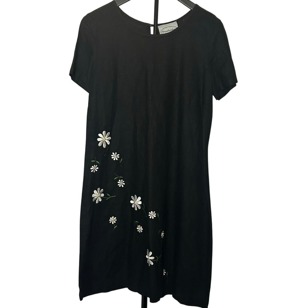VTG Stonebridge Daisy Embroidered Shift Dress Black Sz 8 Linen Blend Whimsygoth